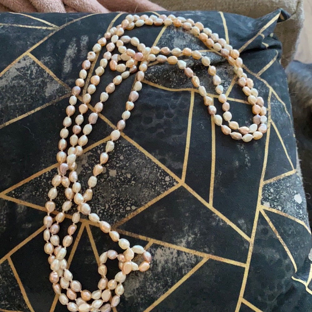 80” pink white and light grey fresh water pearls.